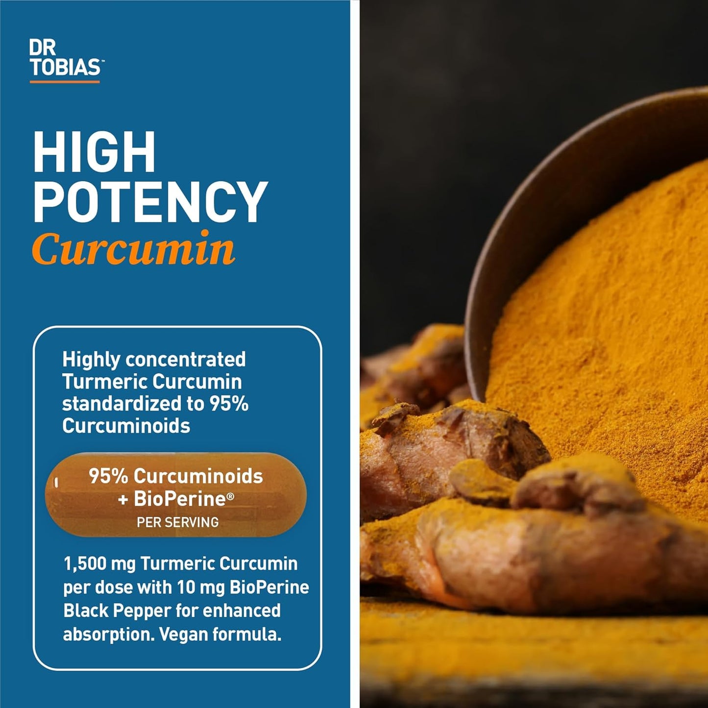 Dr. Tobias Turmeric Curcumin 1500mg with BioPerine – Extra Strength Supplement with 95% Curcuminoids for Joint Support, Overall Vitality & Immune Health, 120 Vegan Capsules, Non-GMO