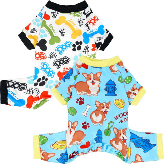 2PCS Dog Pajamas for XXXL Sized Dog Pjs Clothes Puppy Onesies Outfits Pet Jammies Boy Girl Male Female Apparel Soft Strechy Paw Bone Print XXXL