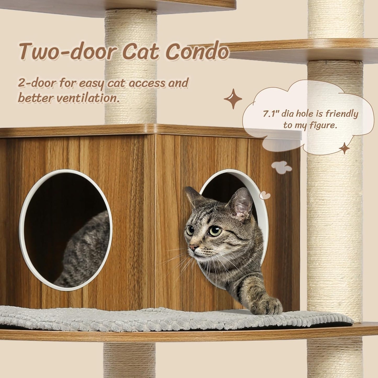 KAMABOKO Tall Wood Cat Tree, 69” Large Cat Tower Multi-Level Platforms with Sisal Scratching Posts, Cat Tree for Large Cats 20 lbs Heavy Duty, Cat Condo Furniture for Active Cats
