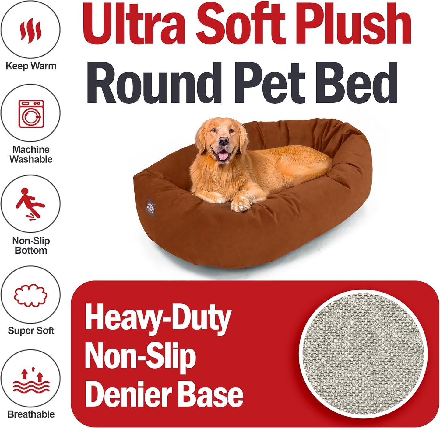 Majestic Pet 40 Inch Suede Calming Dog Bed Washable 40x29x9 (Inch) – Cozy Soft Round Donut Dog Bed with Spine Support for Dogs to Rest Their Head - Pet Bed Large – Rust (2025)