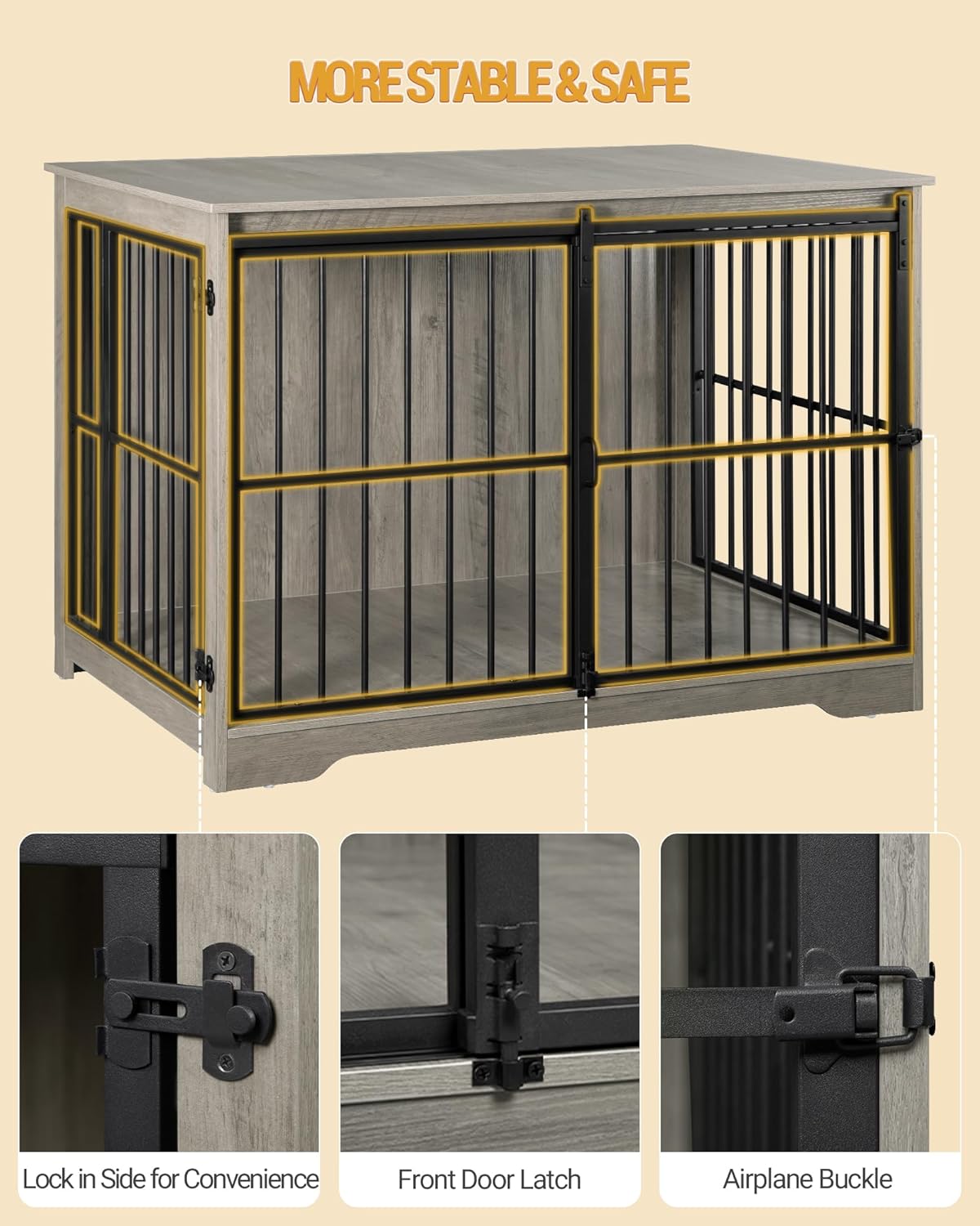 XL Large Dog Crate Furniture, 44.1" Indoor Dog Kennel Furniture with Barn Door, Wooden Tall Dog Crate, Heavy Duty Dog Cage for Large Dogs, Side End Table, Anti-Chew, Greige Black DFC80105B