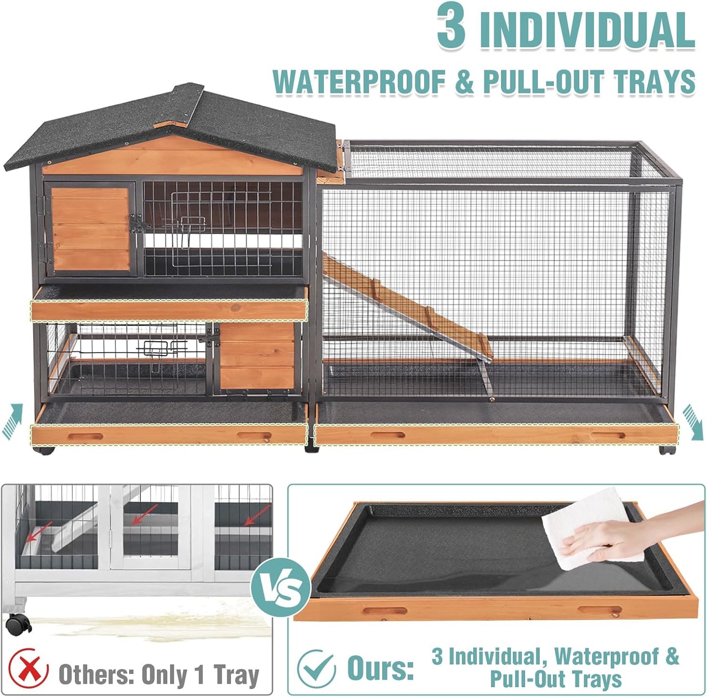 2-Story Rabbit Cage with Chew-Proof Metal Frame for Indoor/Outdoor - 62" Bunny Hutch Guinea Pig Cages with 6 Locking Wheels & 2 Removable Trays for Rabbits/Guinea Pigs