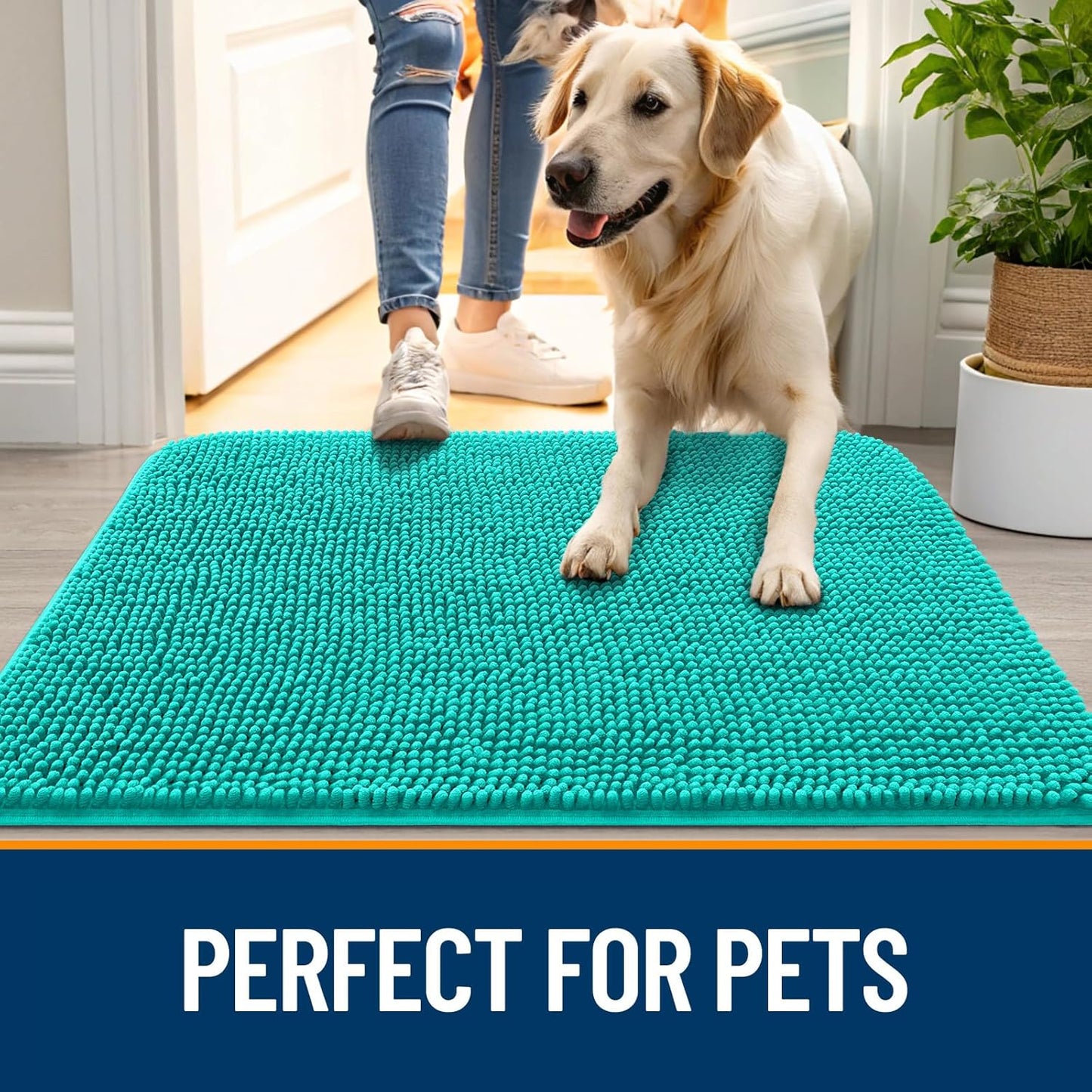 OLANLY Dog Door Mat for Muddy Paws 30x20, Absorbs Moisture and Dirt, Absorbent Non-Slip Washable Doormat, Quick Dry Chenille Mud Mat for Dogs, Entry Indoor Entryway Carpet for Inside Floor, Teal