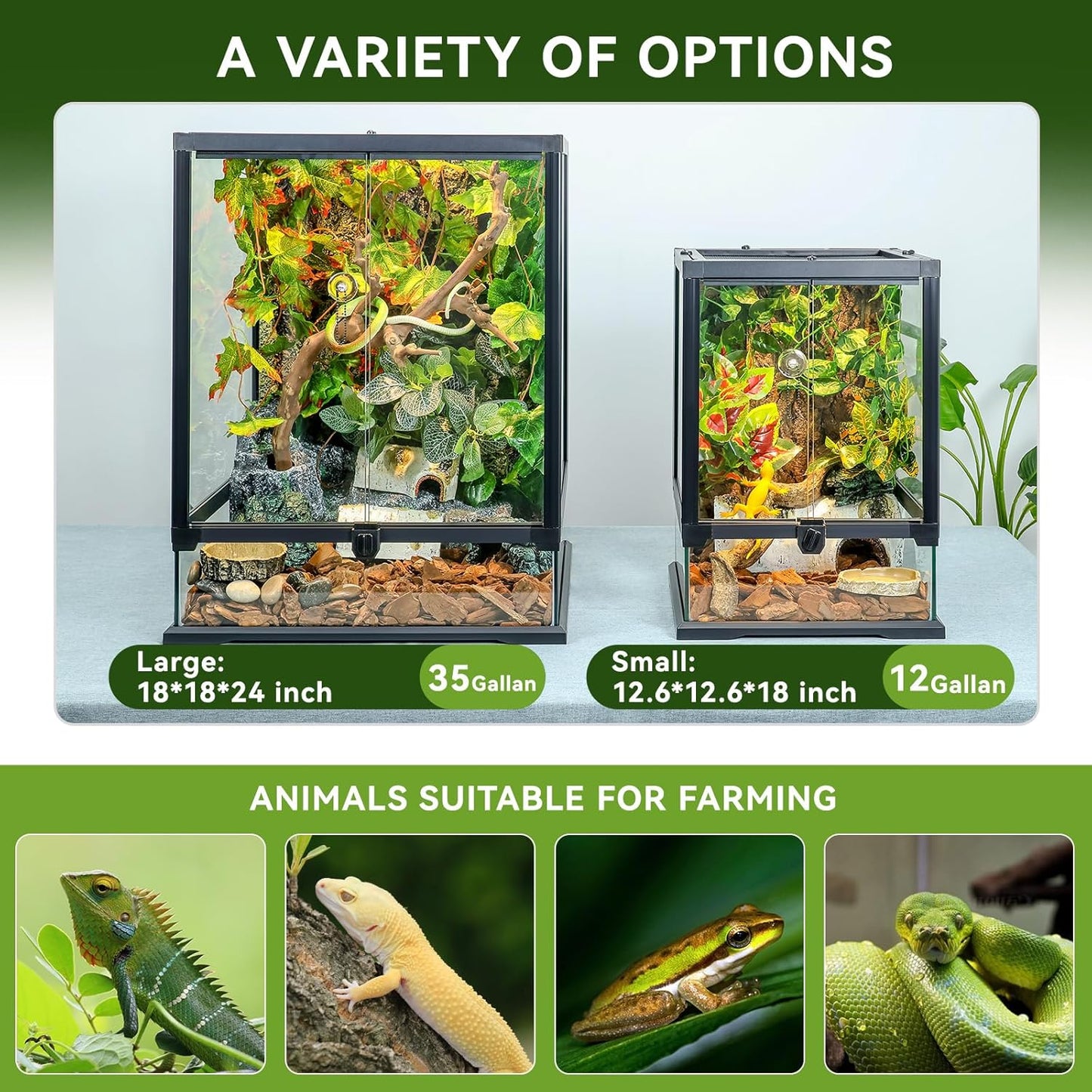 Glass Reptile Tank Front Opening Terrarium Suitable for Leopard Geckos, Snakes, Tree Frogs, Chameleons,Watertight Base, Ventilated Metal Mesh Top, Pre-Drilled Cable Holes 23.9x18x18''