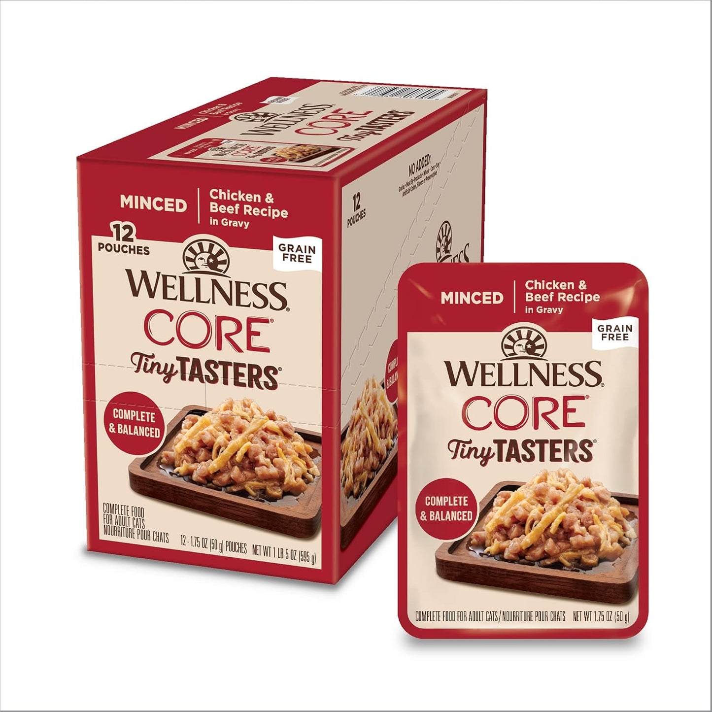Wellness CORE Tiny Tasters Minced Adult Wet Cat Food, Natural, Protein-Rich, Grain Free, 1.75-Ounce Pouch, 12 Pack, (Chicken & Beef)