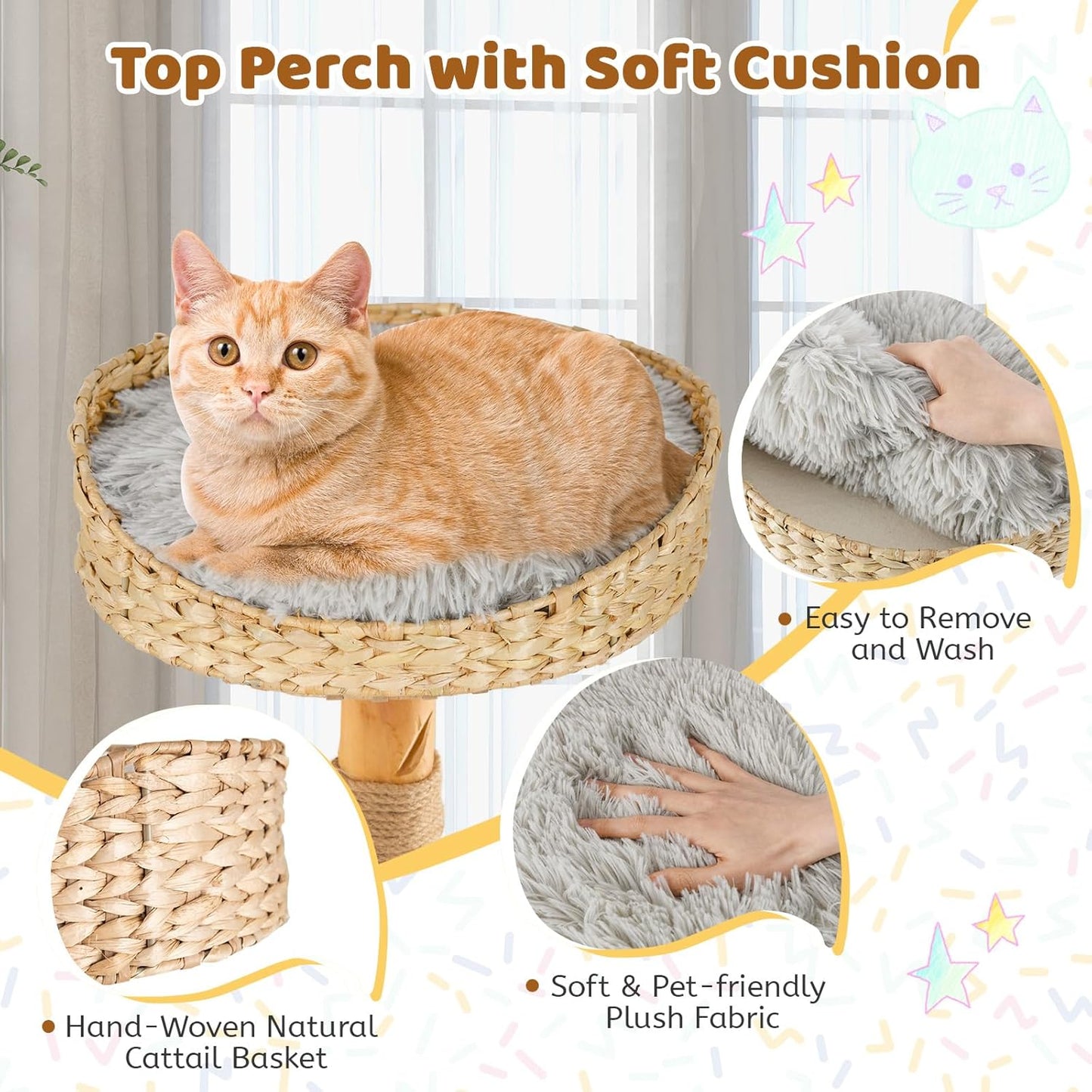 Tangkula Cat Tree Tower, Solid Wood Modern Cat Tower with Top Cattail Basket Bed, Side Perch, Large Platform & Cat Condo, Cute Cat Tree with Scratching Posts for Indoor Cats Large Adult