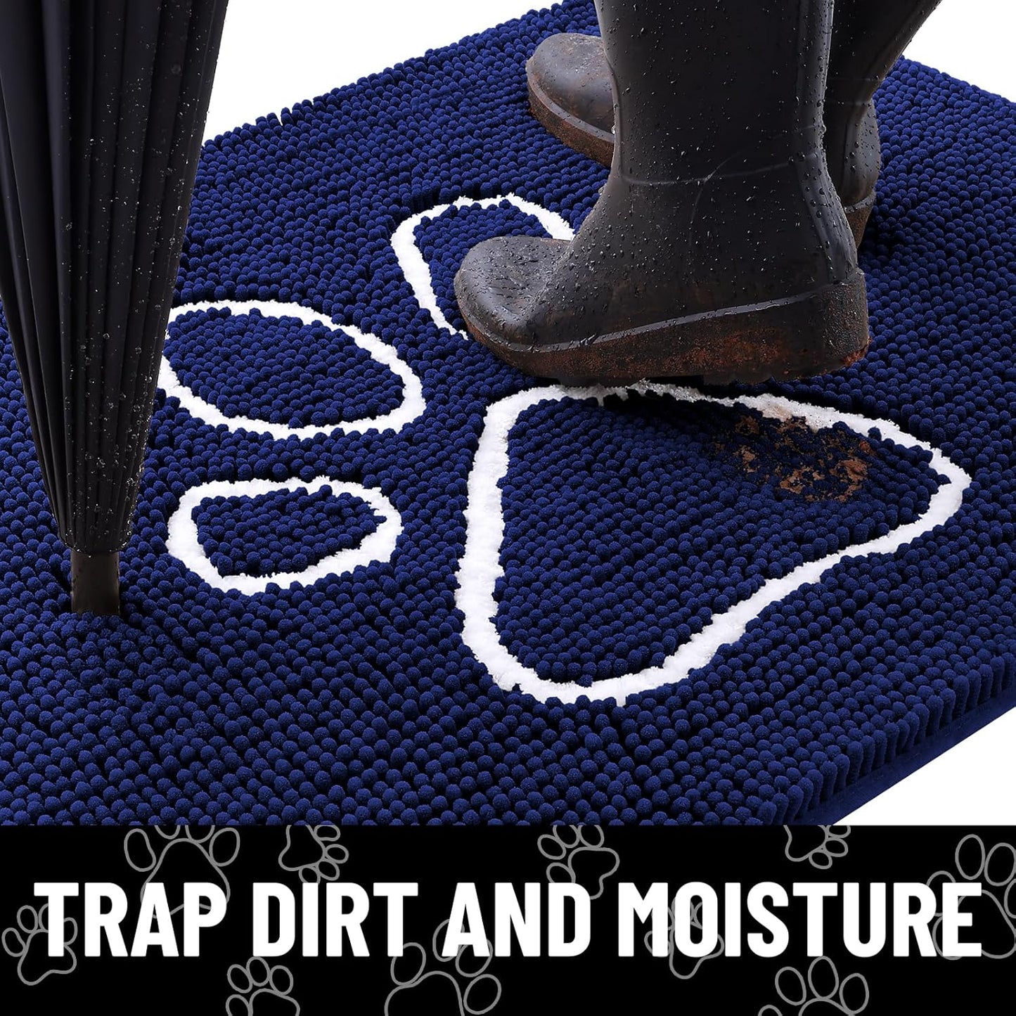 Smiry Dog Door Mat for Muddy Paws, Absorbent Dirt Trapper Non Slip Quick Dry Washable Chenille Mat for Mud Dogs, Entry Rug for Indoor and Outdoor (36x24 Inches, Navy Blue)