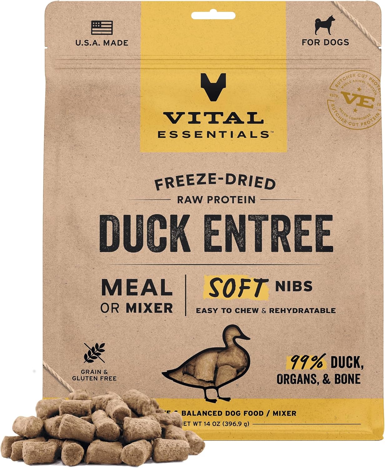 Vital Essentials Freeze-Dried Raw Duck Meal or Mixer Dog Food Soft Nibs | 99% Duck, Organs & Bone | 14 oz