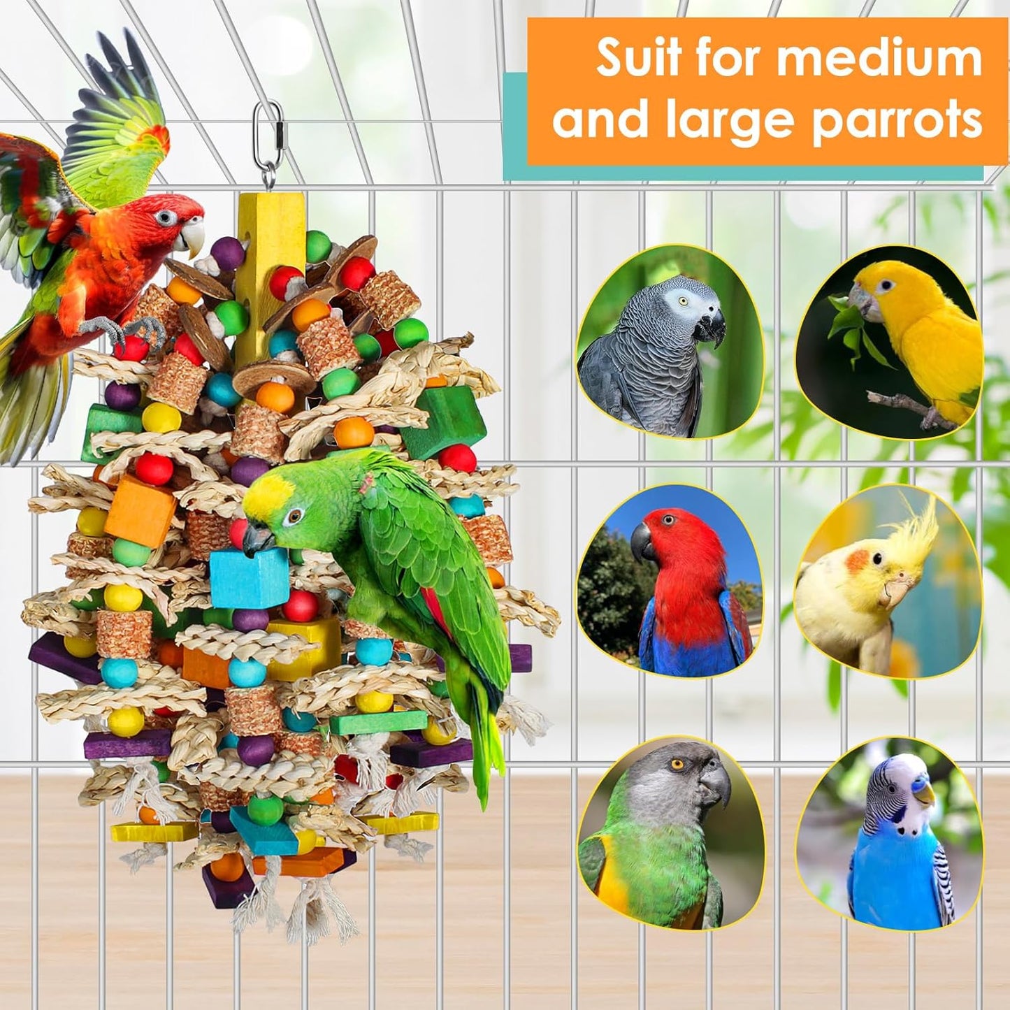 Medium Large Parrot Toys 20in Chewable Bird Toy with Coconut Shell, Poplar Wood, Corn Cob, 112 Schima Wood Beads Bird Shredding Toys Parakeet Macaw Cockatiel Conure African Grey Parrot Gifts