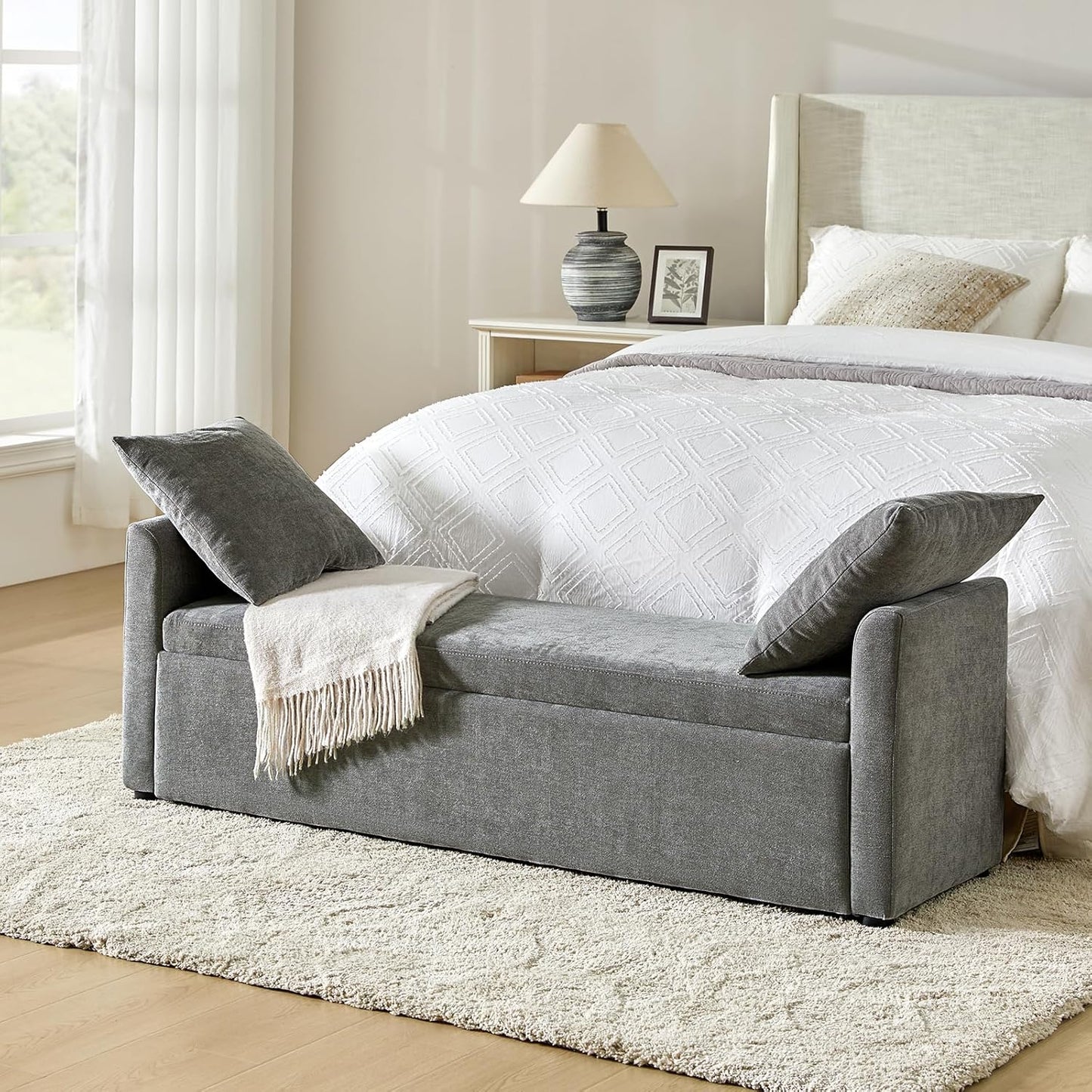 HULALA HOME Modern Storage Bench with Throw Pillows, 59.4" Extra Long Bedroom Ottoman Bench for End of Bed, Comfy Upholstered Footstool for Entryway Dining Room Living Room, Charcoal