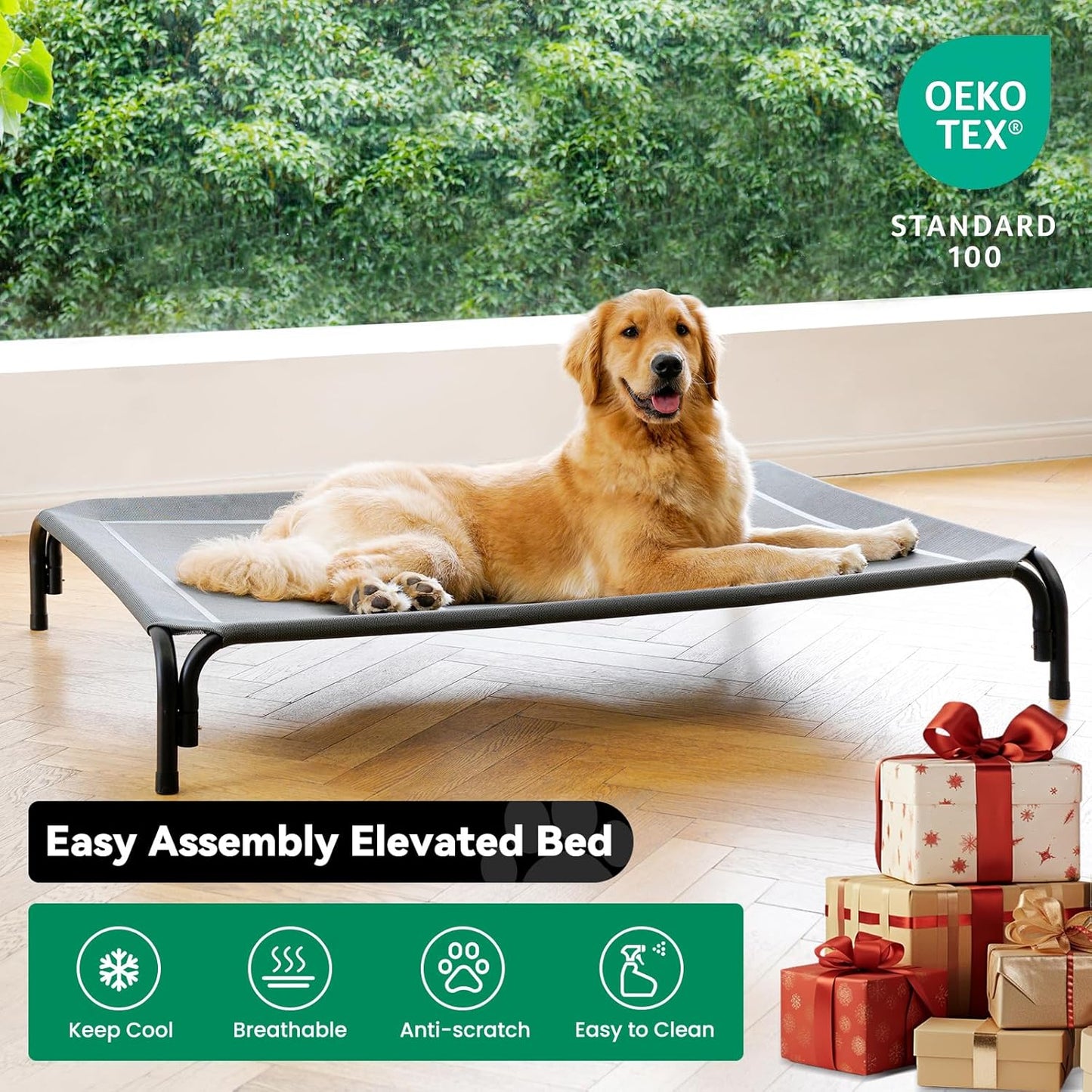 Elevated Dog Bed Raised Outdoor Dog Cot for Large Dogs, Installation Requires No Tools, Frame with Washable Cooling Breathable Mesh Anti-Slip Feet, Indoor Pet Bed, Grey, 43.3 Inches