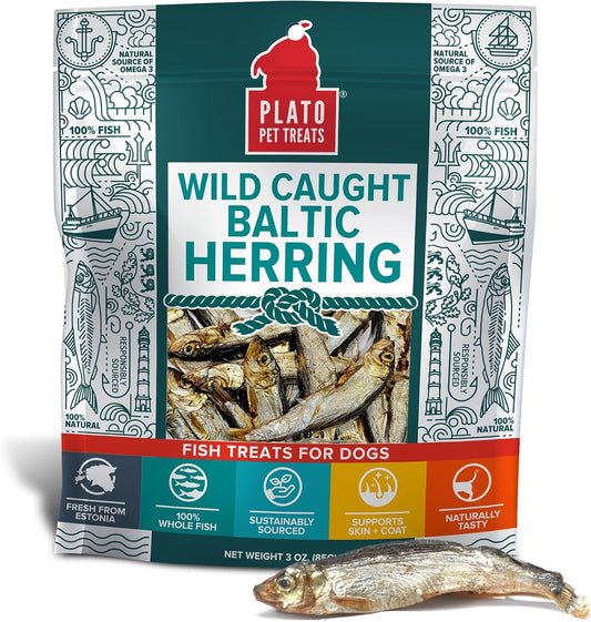 PLATO Pet Treats Fish Dog Treats - Air-Dried, Single Ingredient Dog Treat - with Omega 3 & 6 Fatty Acids to Support Skin and Coat - 100% Whole Fish - Wild Caught Baltic Herring Dog Treats - 3oz