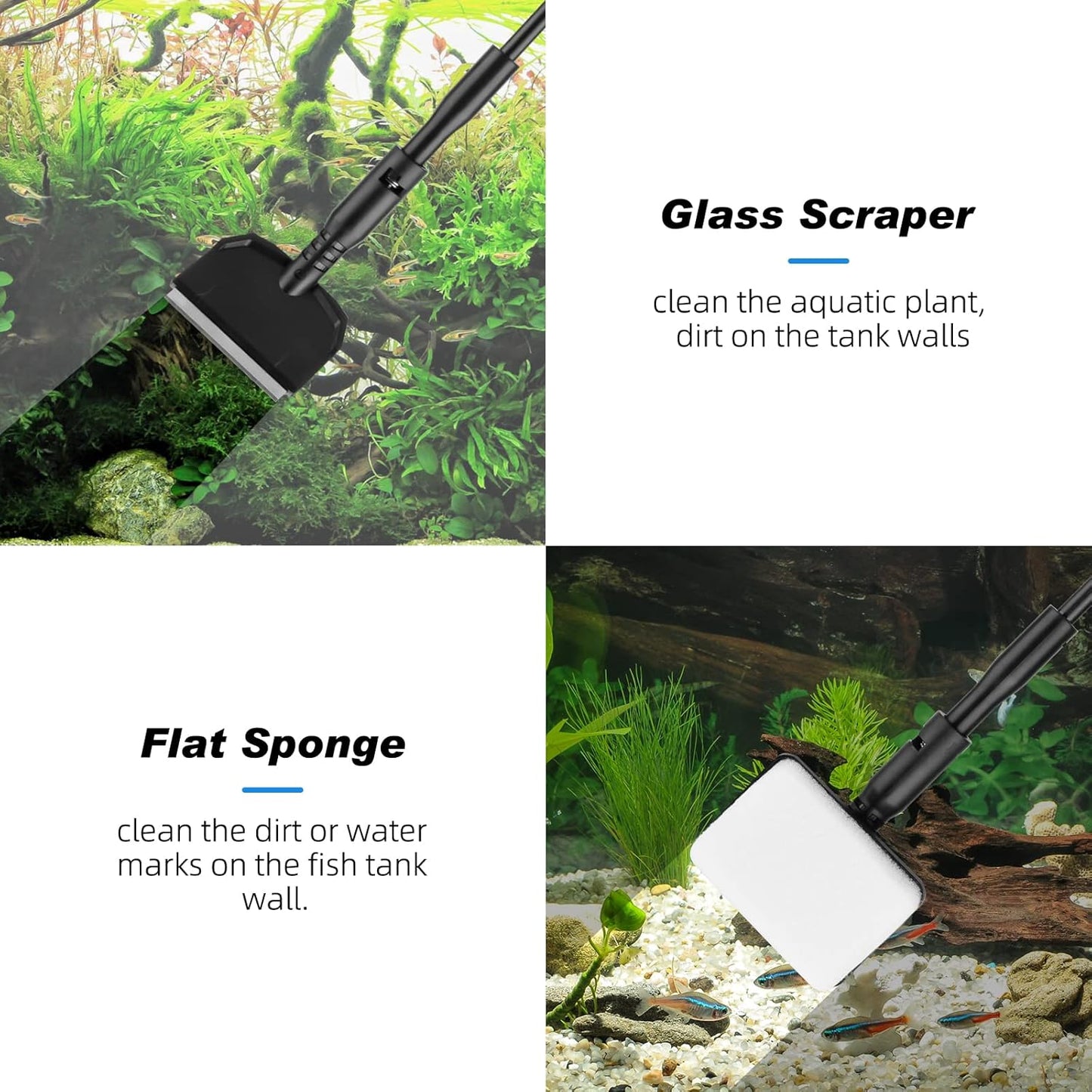 hygger Small Fish Tank Cleaner, Aquarium Cleaning Tools Kit with Handle, Seaweed Scraper, Fishing Net, Sponge Brush,Wall Brush (M)