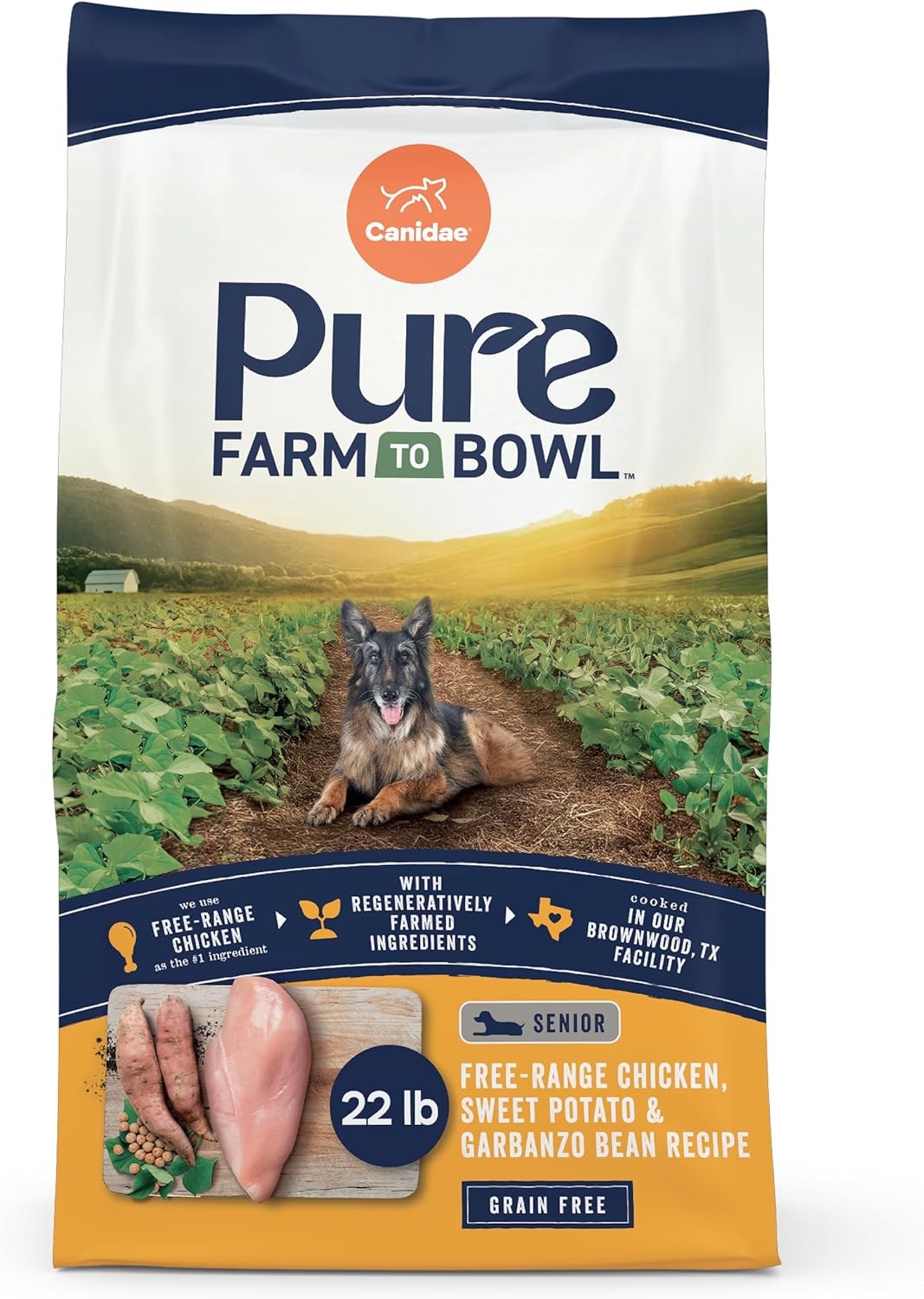 Canidae Pure Farm to Bowl Free-Range Chicken, Sweet Potato & Garbanzo Bean Grain-Free Senior Dog Food, Adult 22lb