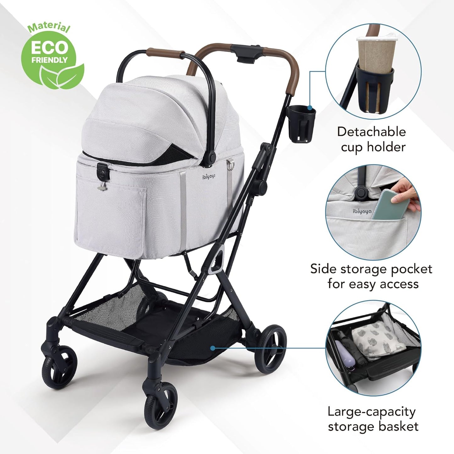 ibiyaya Tinker Pet Stroller for Small Dogs and Cats – 3-in-1 Pet Carrier, Dual-Opening Canopy, No-Flat Wheels, Vegan Leather Handle, Large Storage Basket (Silver Gray)