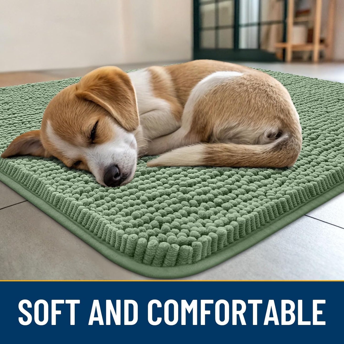 Smiry Dog Door Mat for Muddy Paws 48x30, Absorbs Moisture and Dirt Doormat, Non-Slip Washable Quick Dry Chenille Front Door Mat Indoor Entrance, Entryway Carpet for Inside Floor, Olive Green