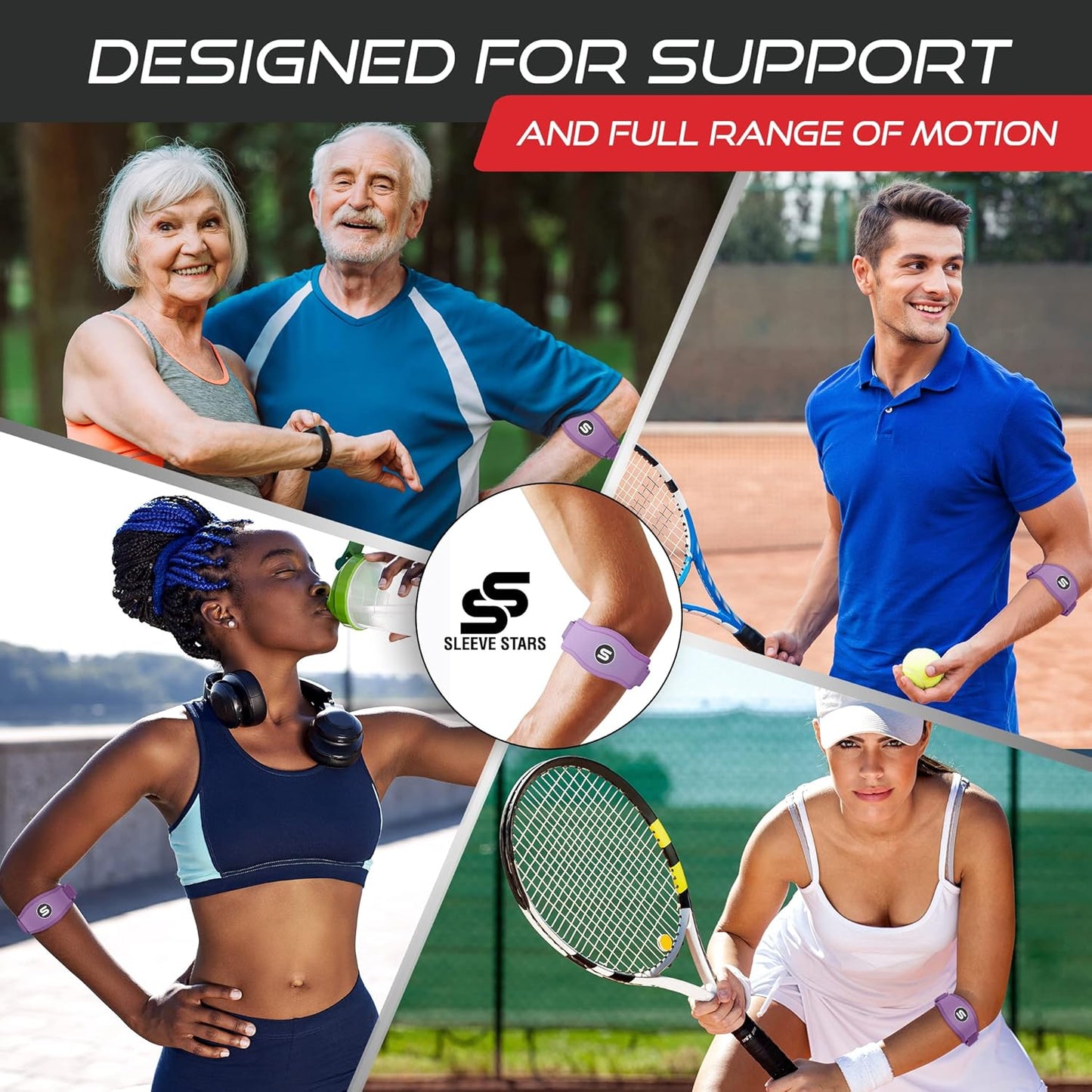 Sleeve Stars Tennis Elbow Brace for Women - Adjustable Tennis Elbow Strap, Golfers Elbow Brace for Men, Counterforce Brace for Tennis Elbow for Tendonitis Relief, Fits 9"-23" (Pair/Light Purple)