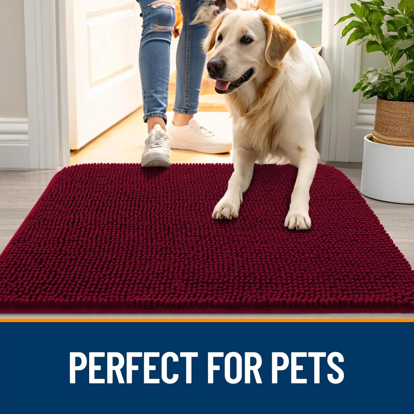 OLANLY Dog Door Mat for Muddy Paws 54x32, Absorbs Moisture and Dirt, Absorbent Non-Slip Washable Doormat, Quick Dry Chenille Mud Mat for Dogs, Entry Indoor Entryway Carpet for Inside Floor, Burgundy
