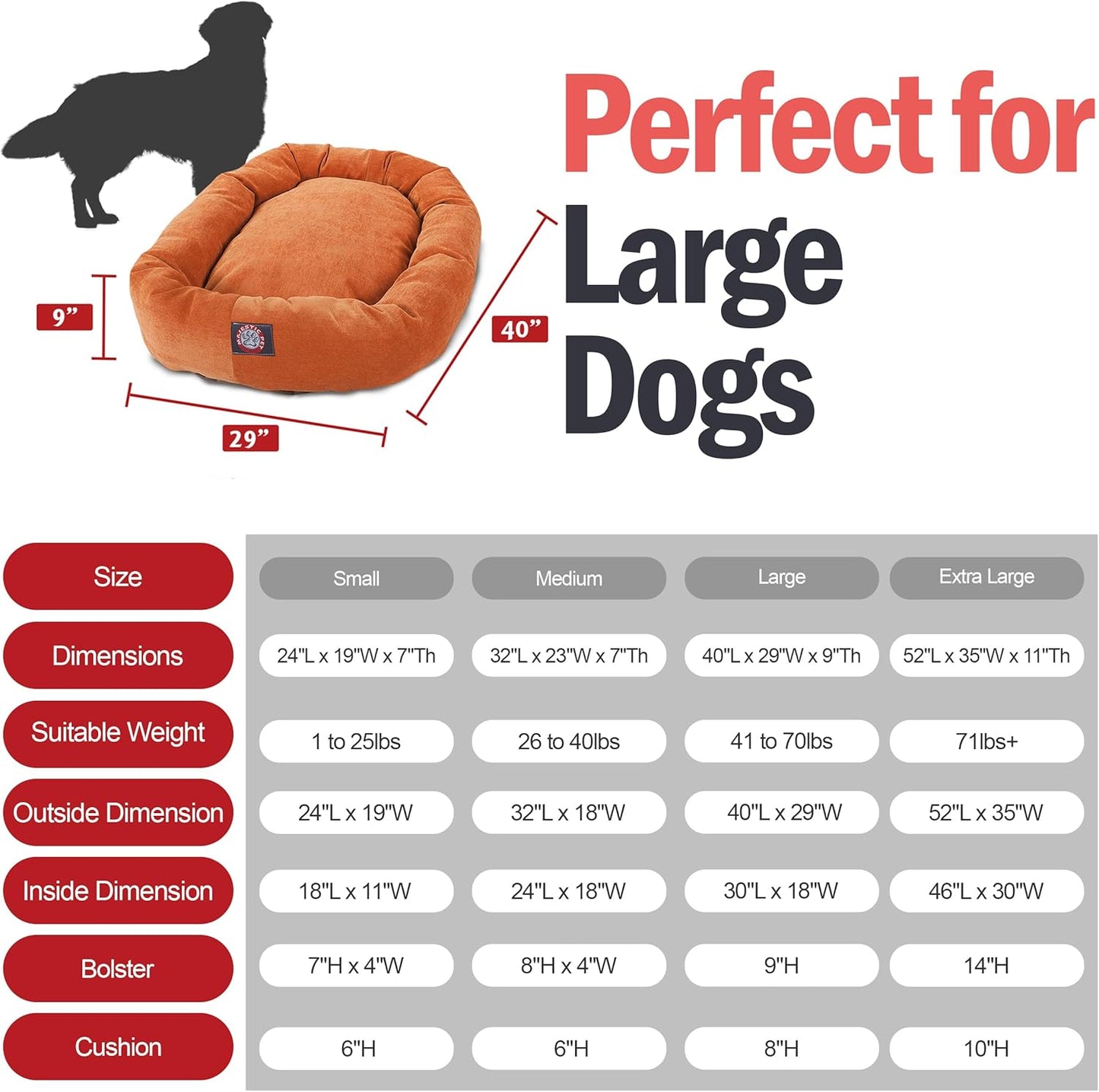 Majestic Pet 40 Inch Micro Velvet Calming Dog Bed Washable 40x29x9 (inch) – Cozy Soft Round Donut Dog Bed with Spine for Head Support - Pet Bed Large – Orange