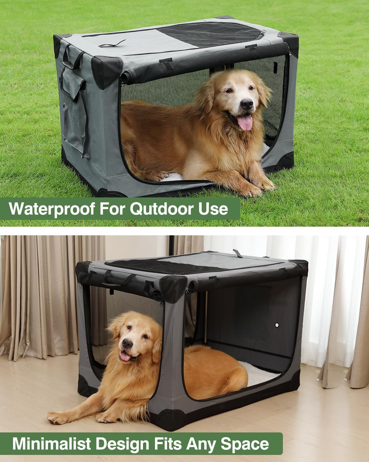24 Inch Collapsible Travel Dog Crate for Medium Large Dogs, Portable Dog Crate 4-Door Foldable Soft Kennel with Durable Mesh Windows for Indoor & Outdoor Travel, with Storage Bag,Grey