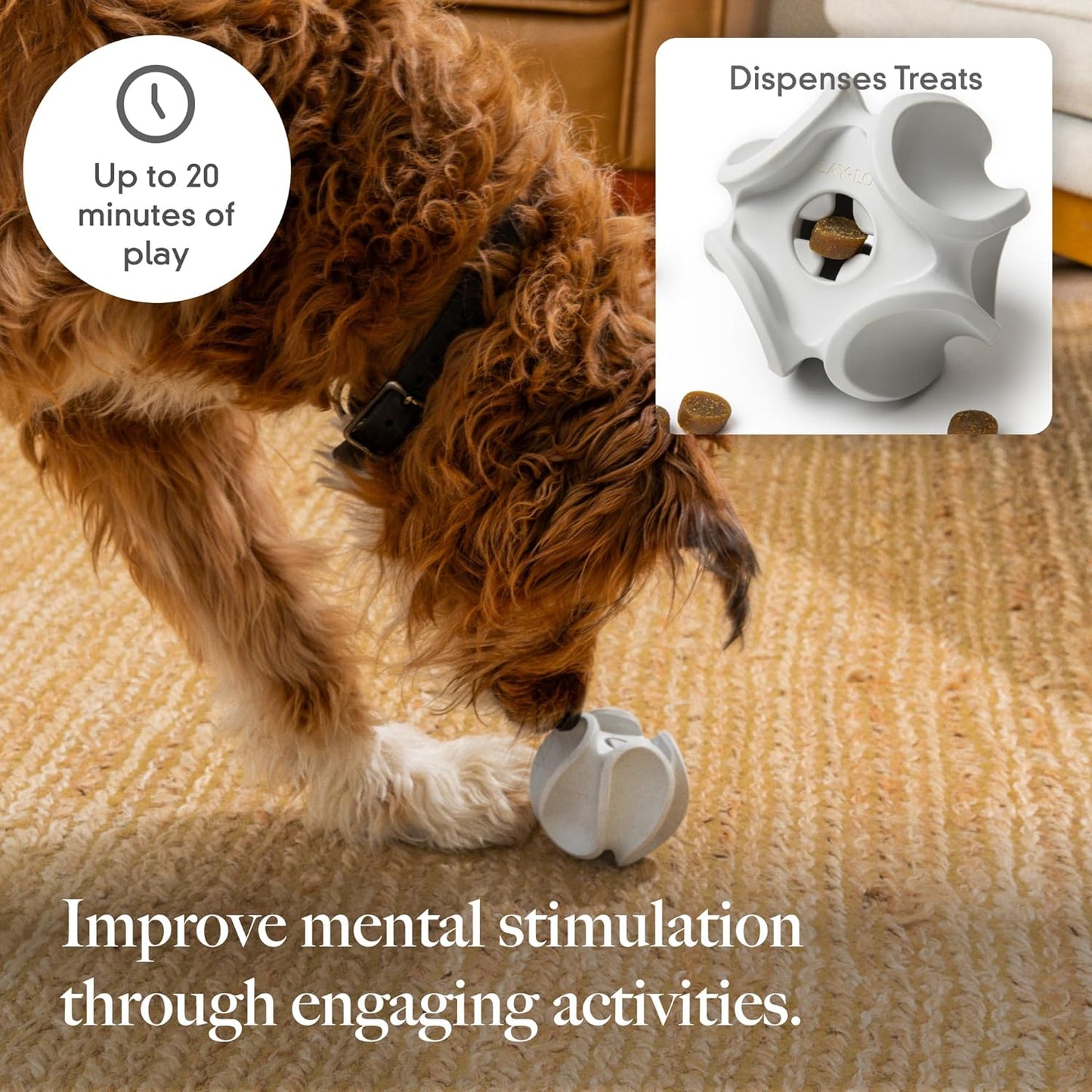 LAY LO Treat Dispensing Dog Toy – Natural Rubber Topple Toy for Chewing, Enrichment & Mental Stimulation | Dog Treat Dispenser Puzzle | Dishwasher Safe | Includes Live Trainer Support