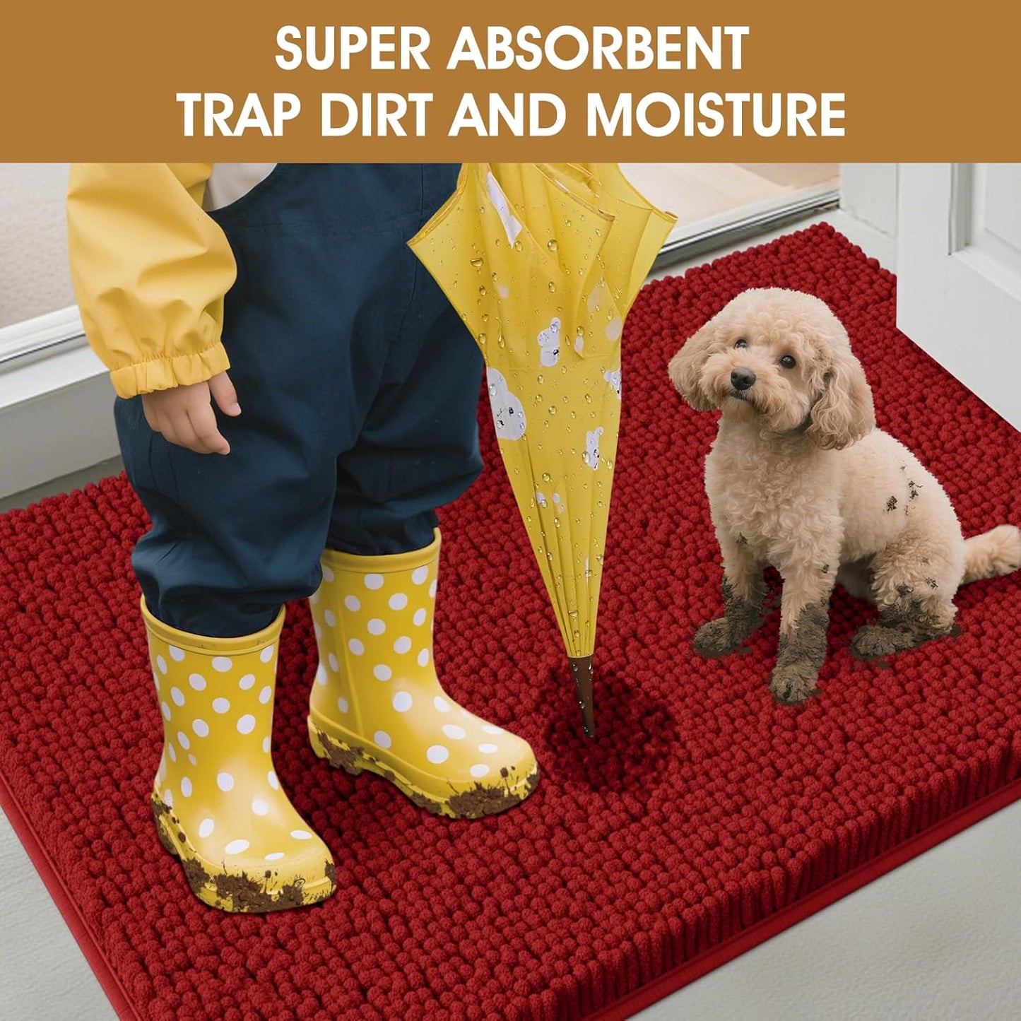 Dog Door Mats for Muddy Paws, Chenille Absorbent Door Mats, Non Slip Heavy Mud Mat for Dogs, Soft Indoor Door Mat for Entryway, Mud Paws, Inside Floor,36" X 24", Red