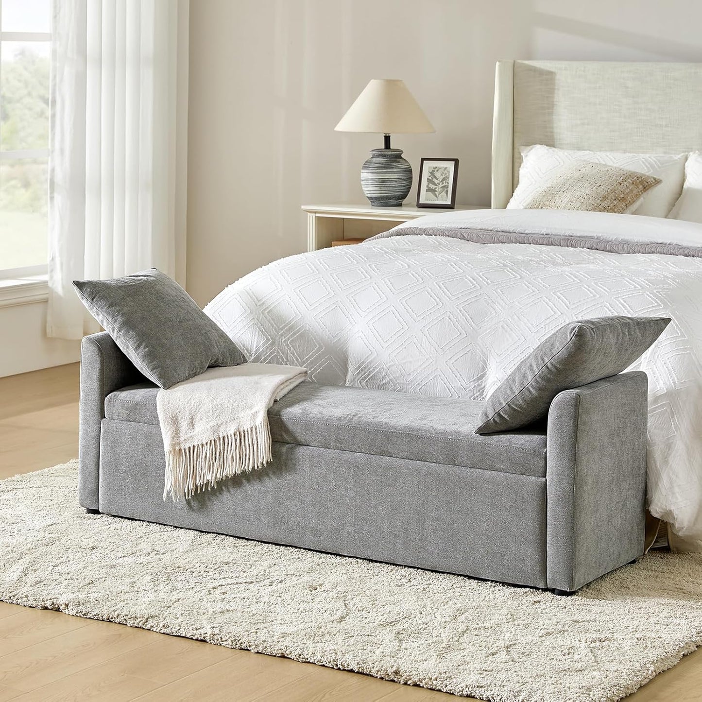 HULALA HOME Modern Storage Bench with Throw Pillows, 59.4" Extra Long Bedroom Ottoman Bench for End of Bed, Comfy Upholstered Footstool for Living Room Dining Room Entryway, Grey