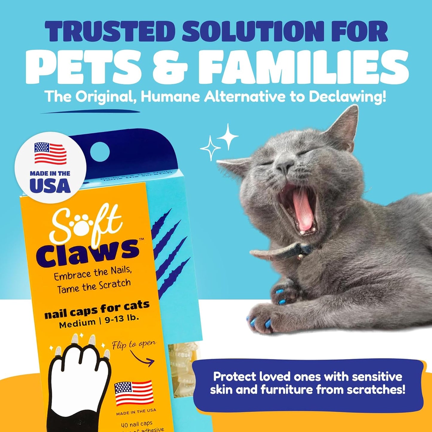 Soft Claws Cat Nail Caps for Medium Cats – (40 Caps, Blue) - Made in USA - Veterinarian-Developed | Protects Furniture & Skin - Easy to Apply, Long-Lasting Anti-Scratch Soft Cat Claw Covers
