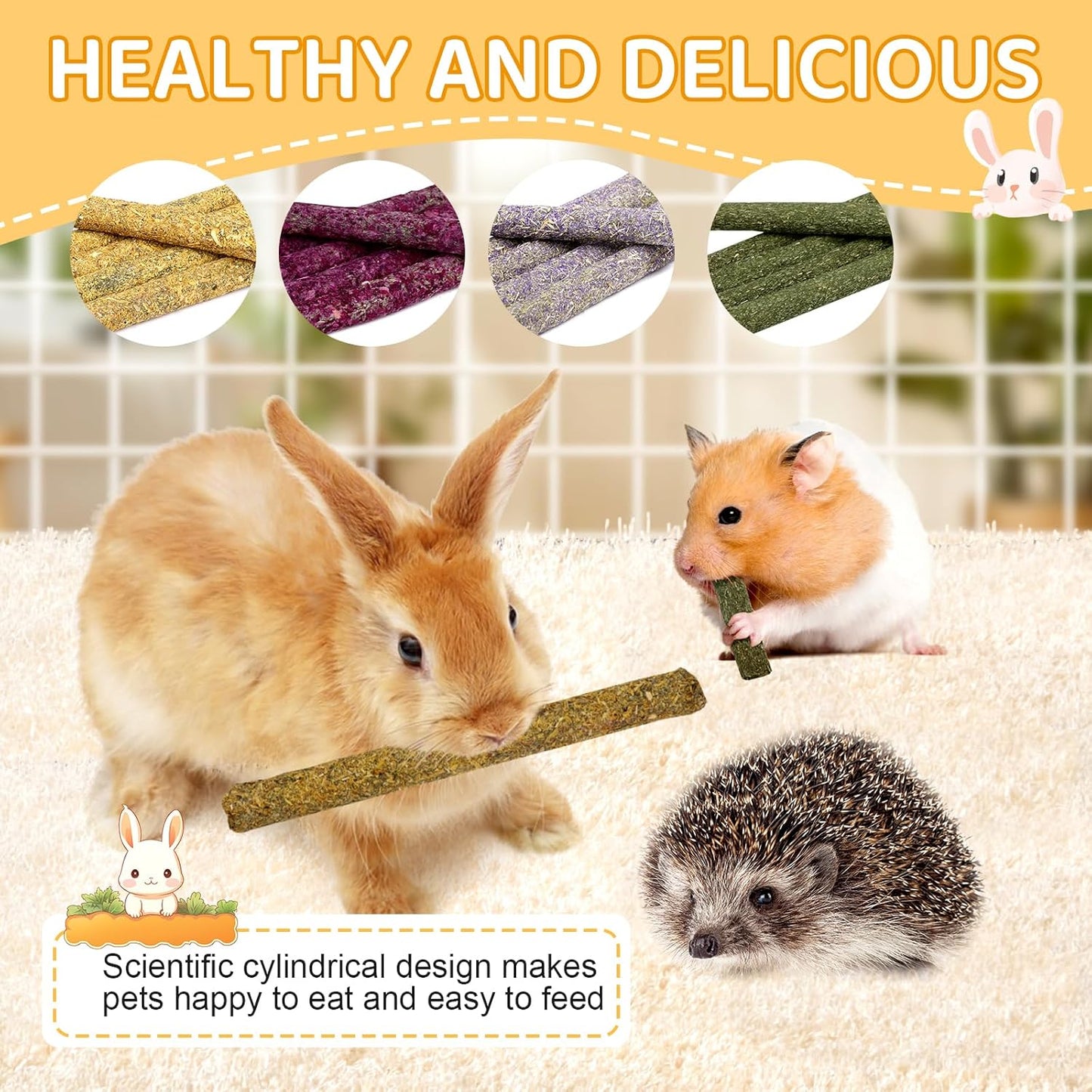 52Pcs Rabbit Chew Sticks, Guinea Pig Toys, Natural Timothy Grass Molar Teeth Stick, Mixing Flowers, Roses, Calendula and Forget Me Not, Small Animals Treats