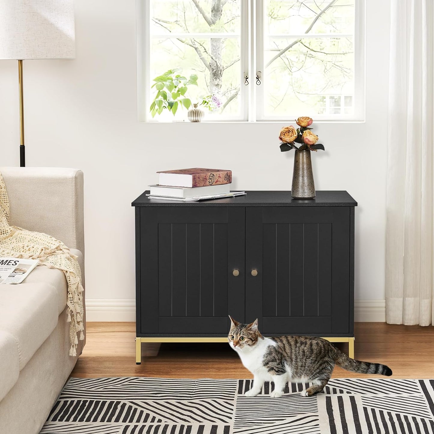Homhedy Cat Litter Box Enclosure, Cat Washroom Furniture with Metal Frame, Pet House, Fit Most of Litter Box, Modern Style, Black and Gold