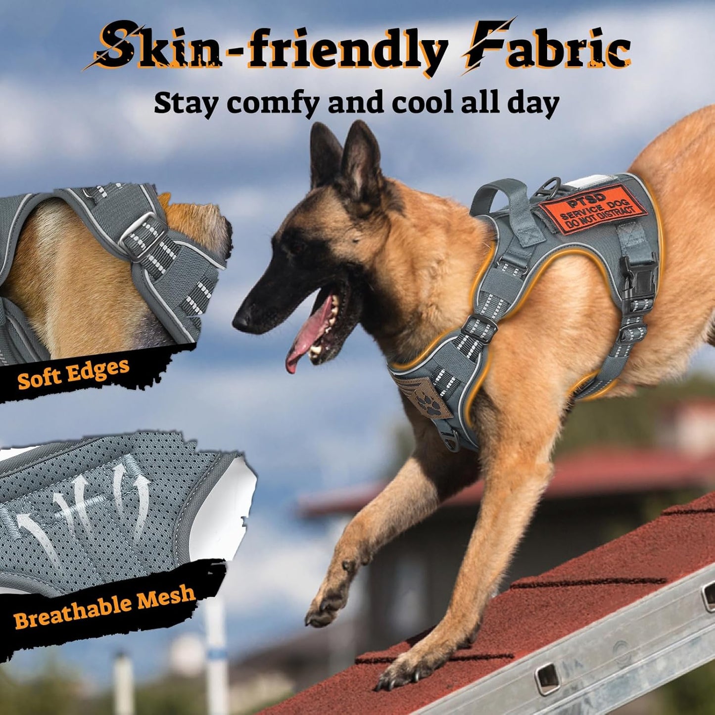 rabbitgoo Dog Harness for Large Dogs No Pull, Tactical Service Pet Vest with Molle and Control Handle, Adjustable and Reflective Military Harness for Easy Walking and Training, Grey, L