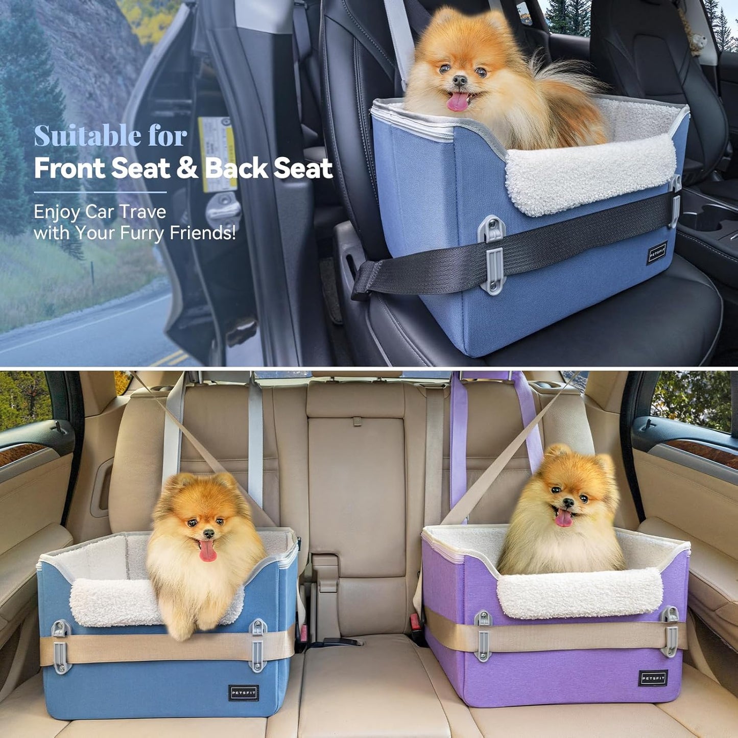PETSFIT Small Dog Car Seat, Patent Safe Buckles Dog Booster Car Seat, Puppy Car Seat with Safety Belt, Suitable for Small Pets Up to 25lbs (Navy Blue)