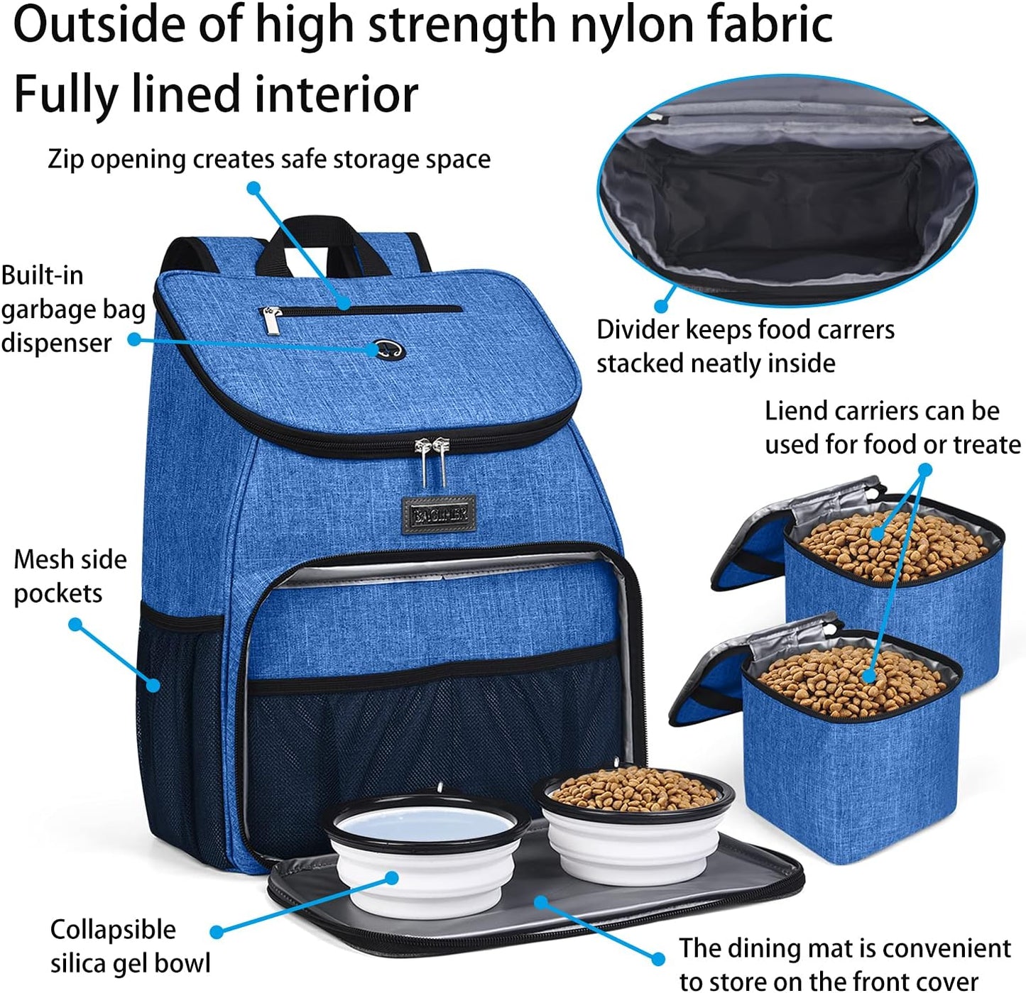 BAGLHER丨Dog Travel Bag, Airline Approved Pet Supplies Backpack, Dog Travel Backpack with 2 Silicone Collapsible Bowls and 2 Food Baskets