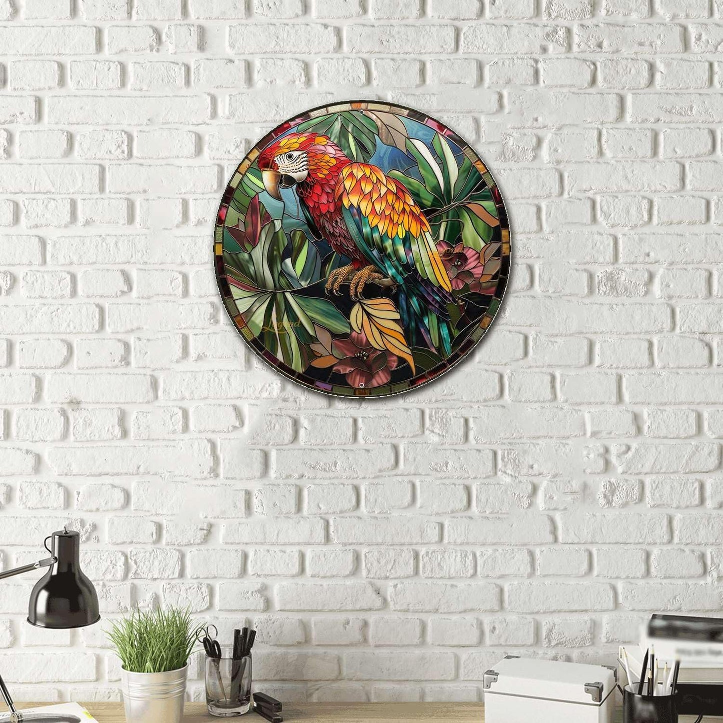 Lygond Metal Sign Tin Sign Circular Stained Glass Parrot Bar Signs for Home Bar for Patio 8×8 Inches