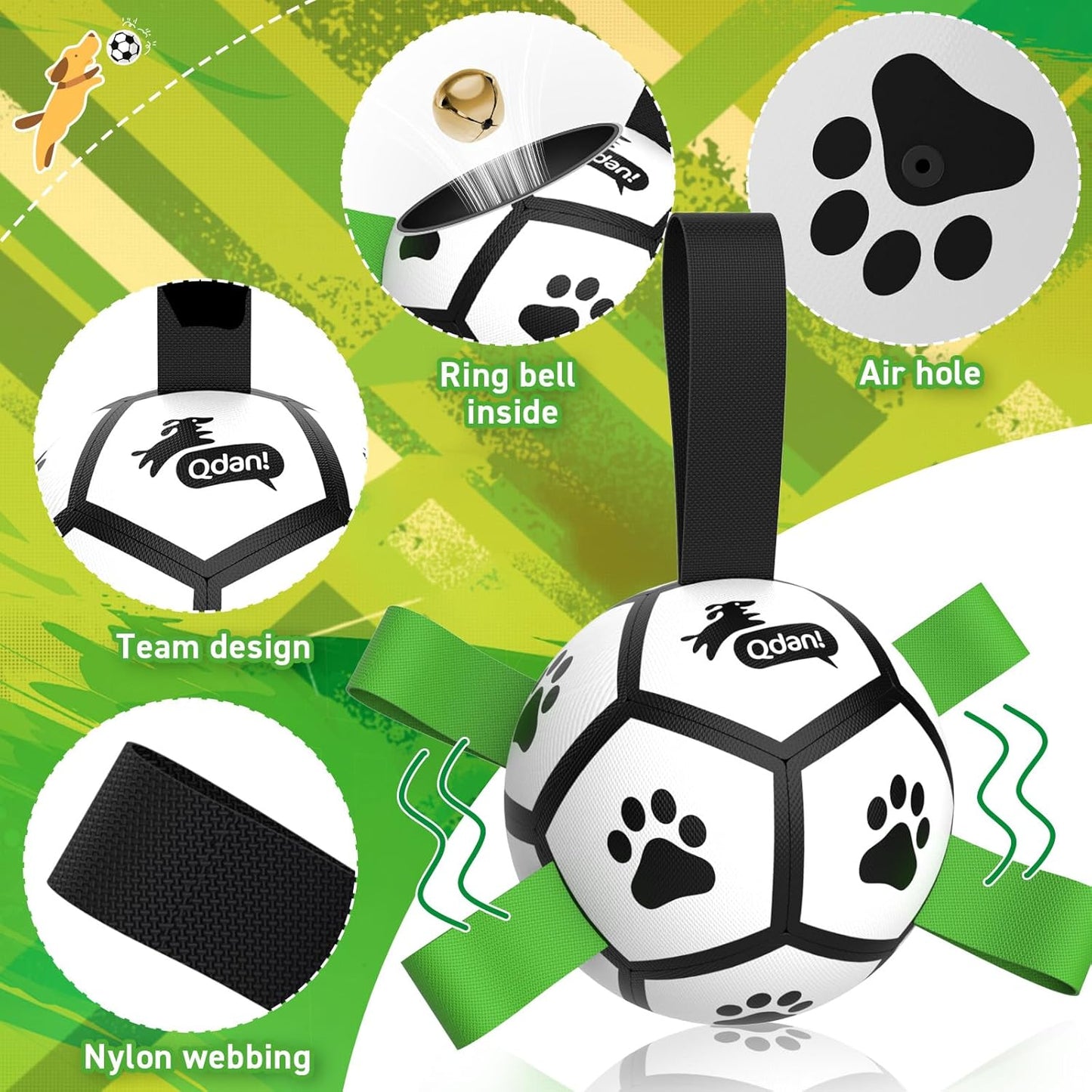 QDAN Dog Toys Balls with Bell Inside, Squeaky Dog Balls for Tug of War, Puppy Birthday Gifts, Dog Water Toys, Ball for Small Dogs(Black Green, 5 inch)