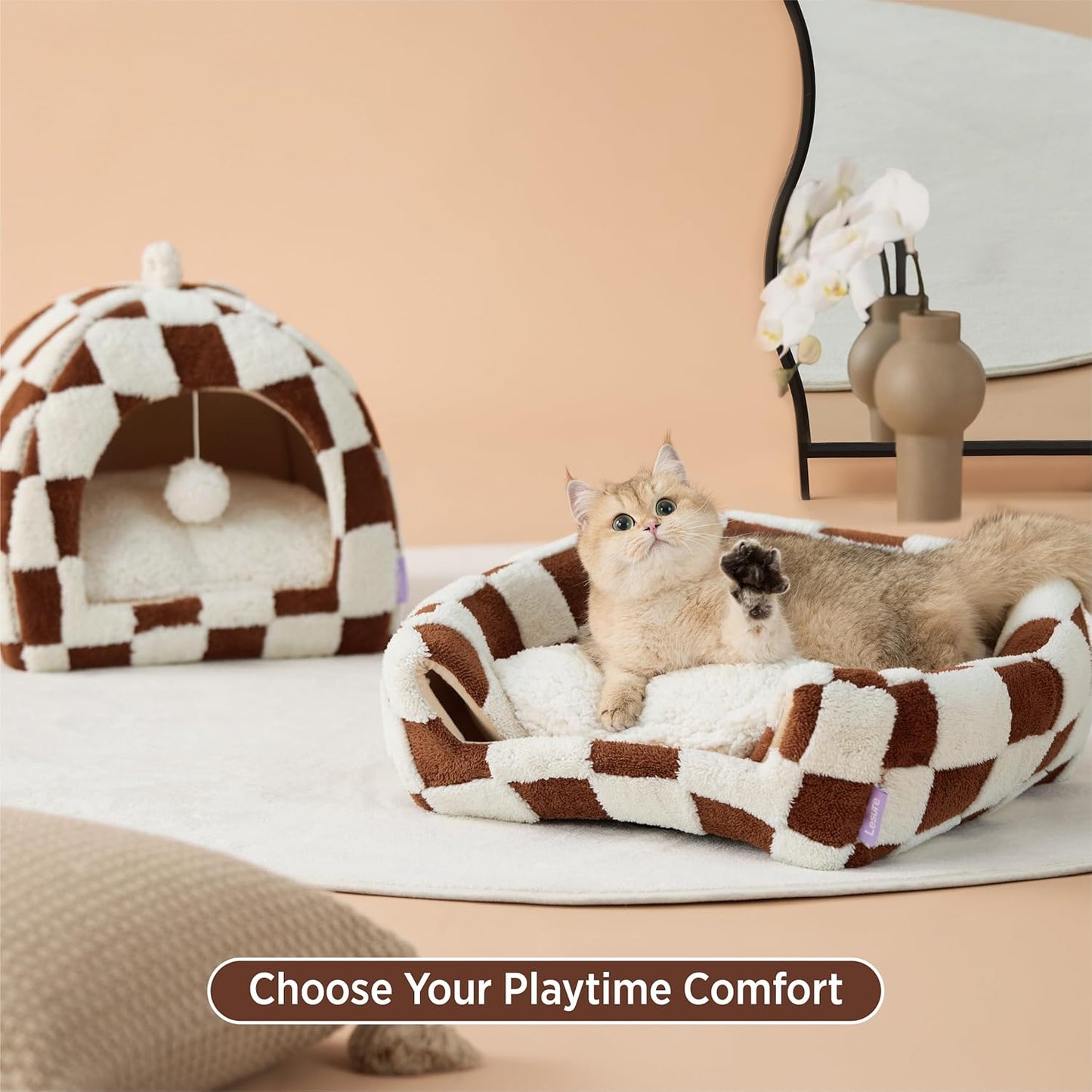 Lesure Cute Cat Beds for Indoor Cats - 2 in 1 Cat Cave Bed for Kittens and Small Pets, House with Removable Washable Cushioned Pillow, Cozy Tent House with Non-Slip Bottom, Brown, 16 inches