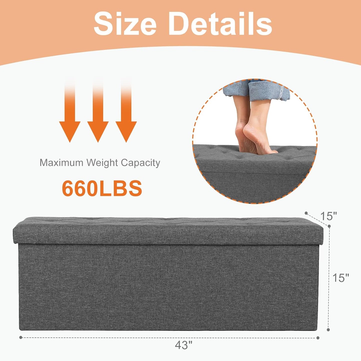 Sweetcrispy 43in Foldable Storage Ottoman Bench, Foot Rest Stool Storage Chest with Padded Seat, End of Bed Bedroom Bench for Living Room, Support 660lbs, Dawn Grey