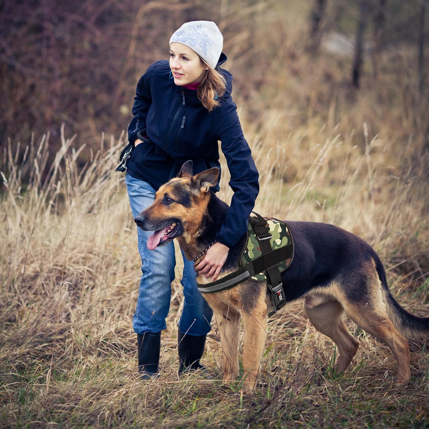 Dogline Dog Harness, Reflective No-Pull Adjustable Vest with Handle for Walking, Training, Breathable, No - Choke Harness for Small, Medium or Large Dogs Room for Patches Girth 33"-46" in Green Camo