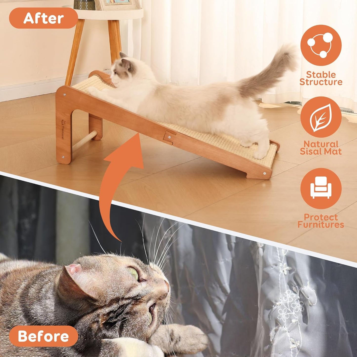 L-Shaped Cat Scratching Post - Beechwood Base, 28.5" Natural Sisal Woven Cat Scratch Pad, Durable Cat Scratcher, Furniture Protector for Cats' Clawing and Play