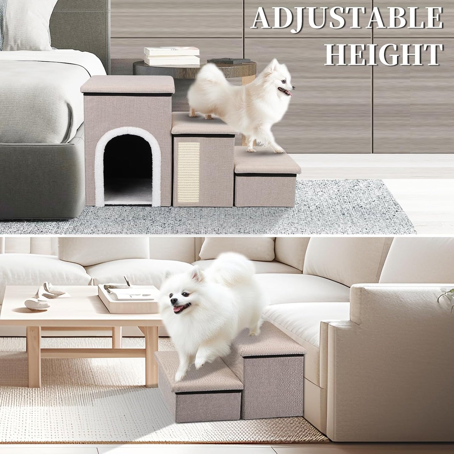 Dog Steps for Bed and Couch, 17”H Foldable Dog Stairs for Small Older Dogs Cats, Adjustable Pet Cat Stairs Ramps with Storage with Condo, Scratcher, Hold Up to 180LBS, Pet Cat Steps Beige
