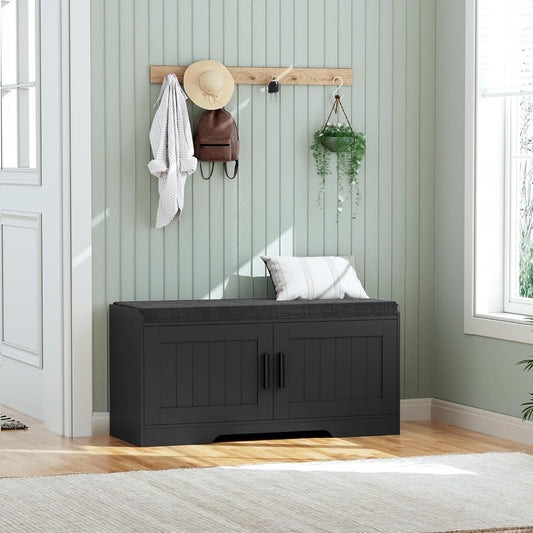 2-Tier Storage Bench, Shoe Bench with Thickened Padded Seat Cushion, Entryway Bench with 2 Doors, Adjustable Shelf, 13.8" D x 37.4" W x 18.5" H, for Entryway, Living Room, Bedroom, Black
