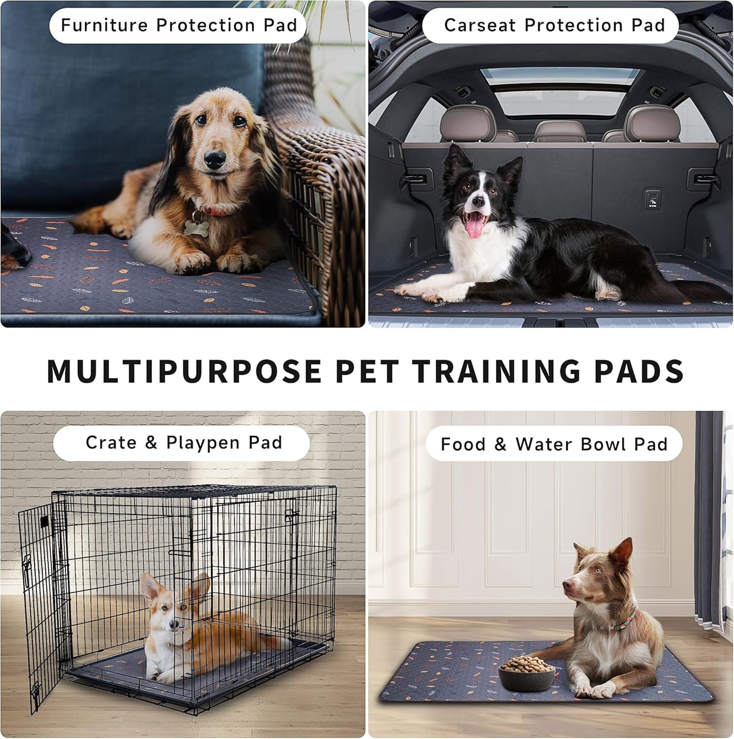 Sunheir Washable Pee Pads for Dogs 2-Pack Reusable Puppy Pads Pet Training Pads, Waterproof Dog Pee Pads for Crate, Whelping Pad, Non-Slip Protects Against Urine Leakage (Leaves - Deep Grey, 24x36)