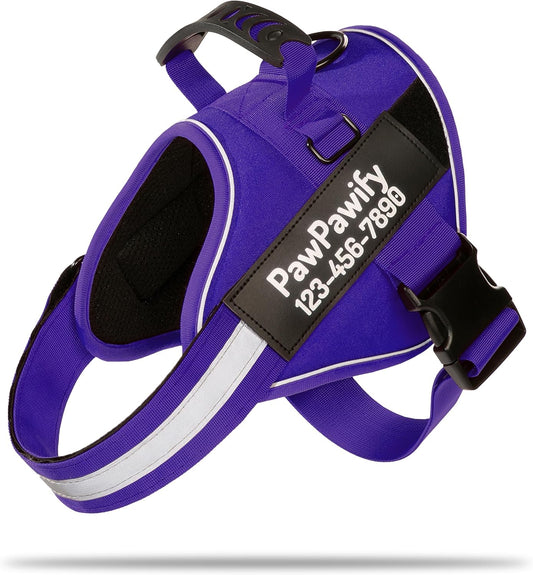PawPawify Custom No Pull Dog Harness with Name and Phone Number, Heavy Duty Personalized Pet Vest to Prevent Tugging, Pulling, or Choking, Training and Walking (New Purple, S (10-19LBS))