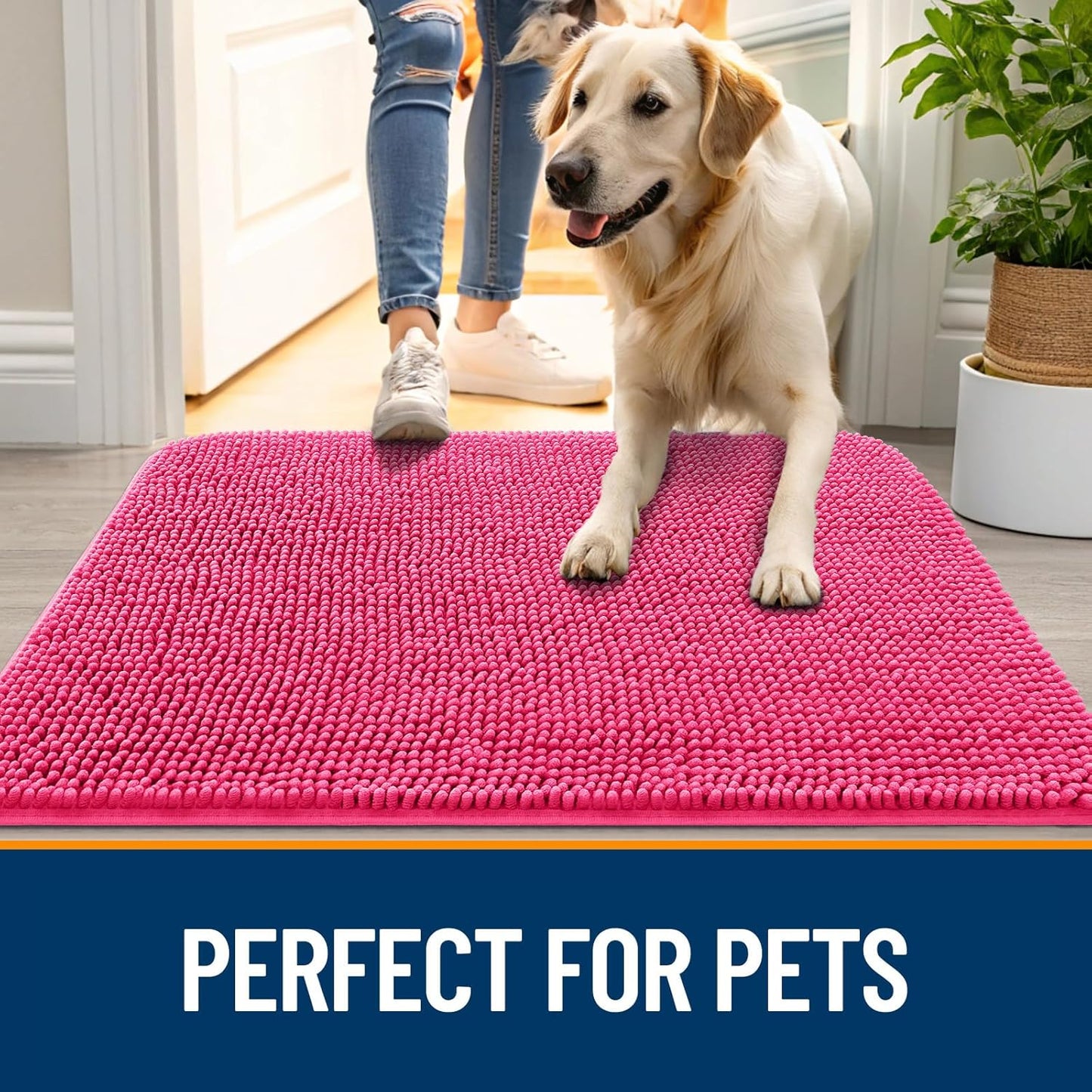 OLANLY Dog Door Mat for Muddy Paws 47x17, Absorbs Moisture and Dirt, Absorbent Non-Slip Washable Doormat, Quick Dry Chenille Mud Mat for Dogs, Entry Indoor Entryway Carpet for Inside Floor, Hot Pink