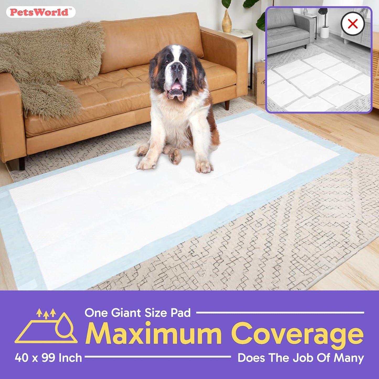 PETSWORLD Mega-Sized Dog Pee Pads (40" x 99") – 4XL Gigantic Pet Piddle Pads for Puppy Training, Incontinence – with Adhesive Sticky Tape – Leak Proof, 5-Layer Protection (10 Count)
