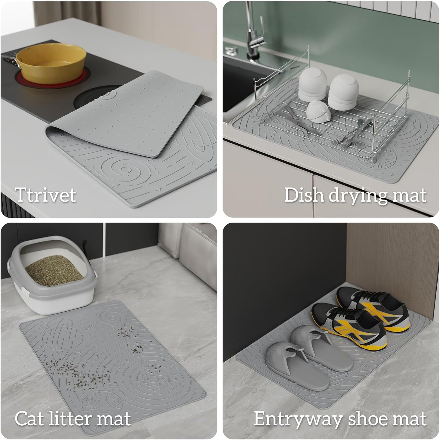 OHMO Dog Food Mat, Silicone Waterproof Cat Food Mat, Non-Skid Spill Proof Pet Feeding Mat for Food and Water, Easy to Clean Dog Placemat(Ash, 23.6" x 15.8")