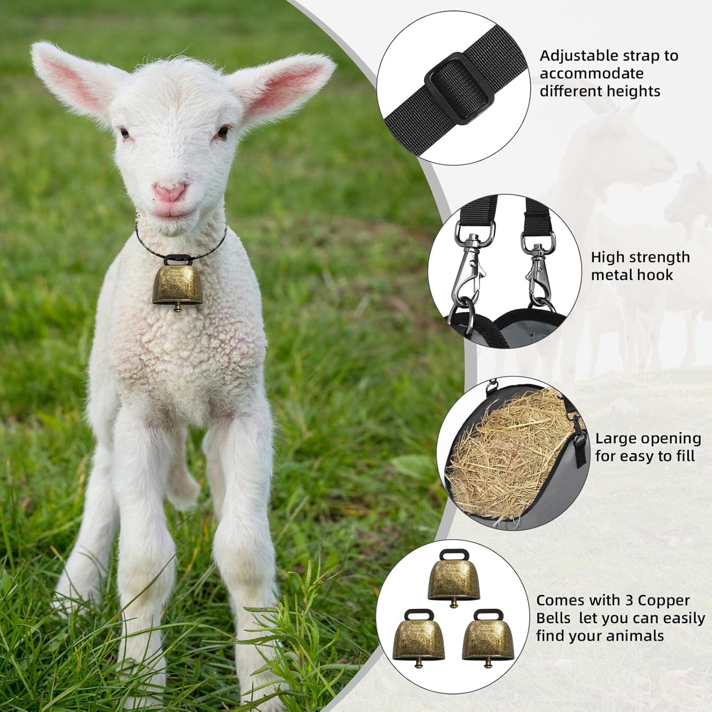 3 PCS Goat Hay Feeder,Hay Bags for Horses,Goats,Donkeys with Reinforced Oxford Fabric and High Strength Metal Clasp,Horse Feeding Supplies with Adjustable Strap for Easy Hanging (2Grey+1Black)