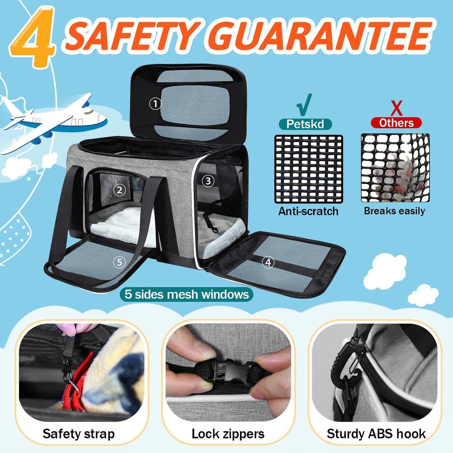 Petskd Top-Expandable Pet Carrier 18x11x11 Inches Delta American United Airline Approved, Soft-Sided Carrier for Small Cats and Dogs with Locking Safety Zippers and Anti-Scratch Mesh(Grey)