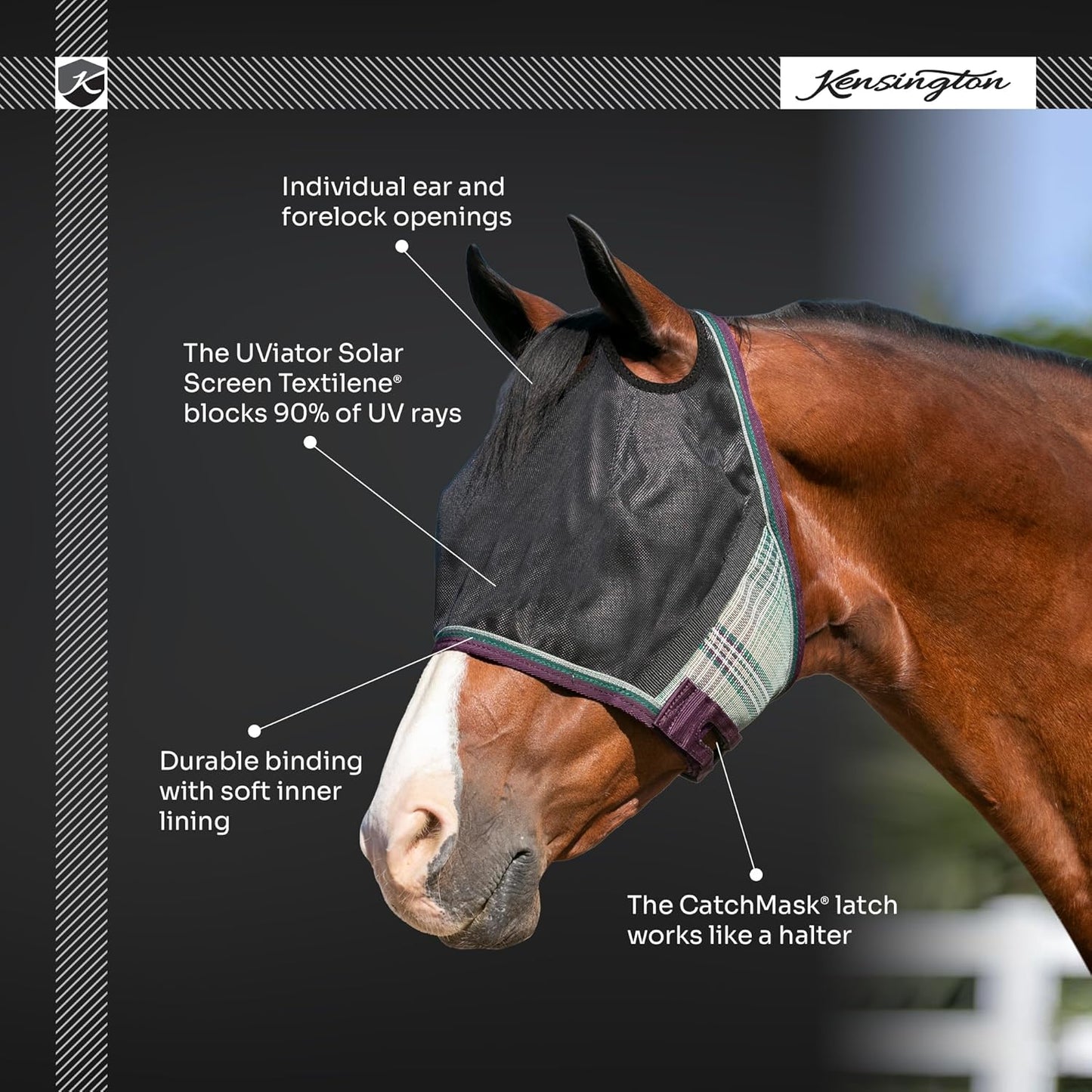 Kensington 90% UV Fly Mask Halter CatchMask UViator - Without Ears & Forelock Freedom Web Trim *Roomy Fit*- X-Large, Atlantis