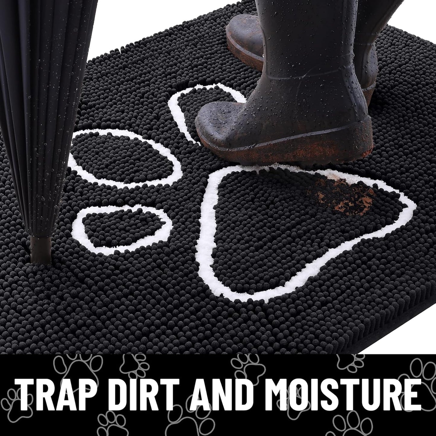 Smiry Dog Door Mat for Muddy Paws, Absorbent Dirt Trapper Non Slip Quick Dry Washable Chenille Mat for Mud Dogs, Entry Rug for Indoor and Outdoor (47x24 Inches, Black)